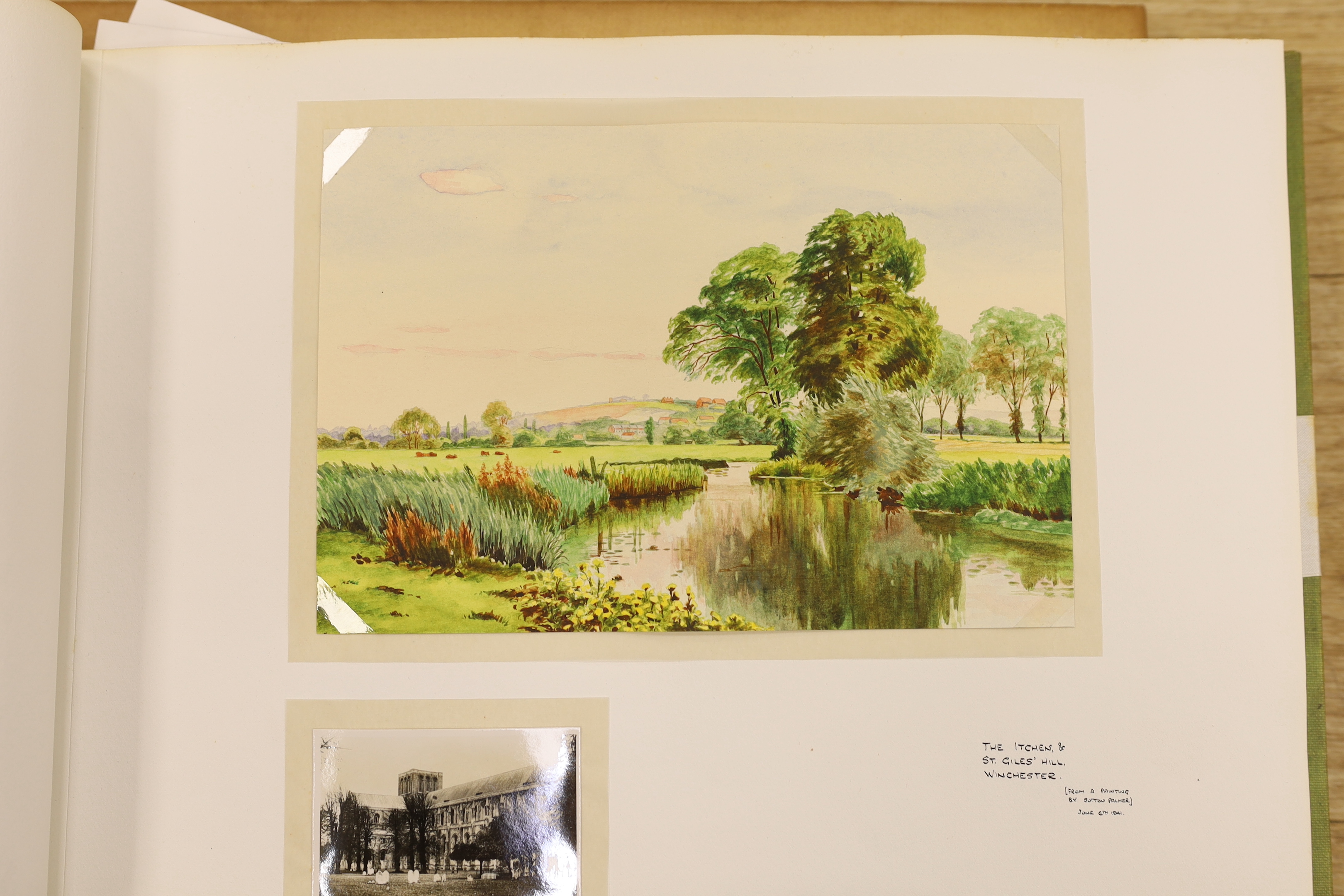 Two 20th century albums of watercolours, pencil sketches, prints, and black and white photographs including many after Sutton Palmer, river landscapes and other scenes around England